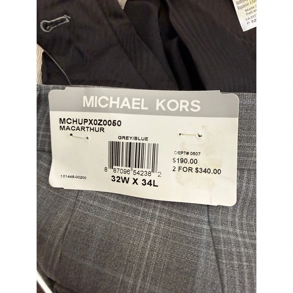 NEW Michael Kors Modern Fit Wool Blend Plaid Pants Light Grey Men's 32W x 34L